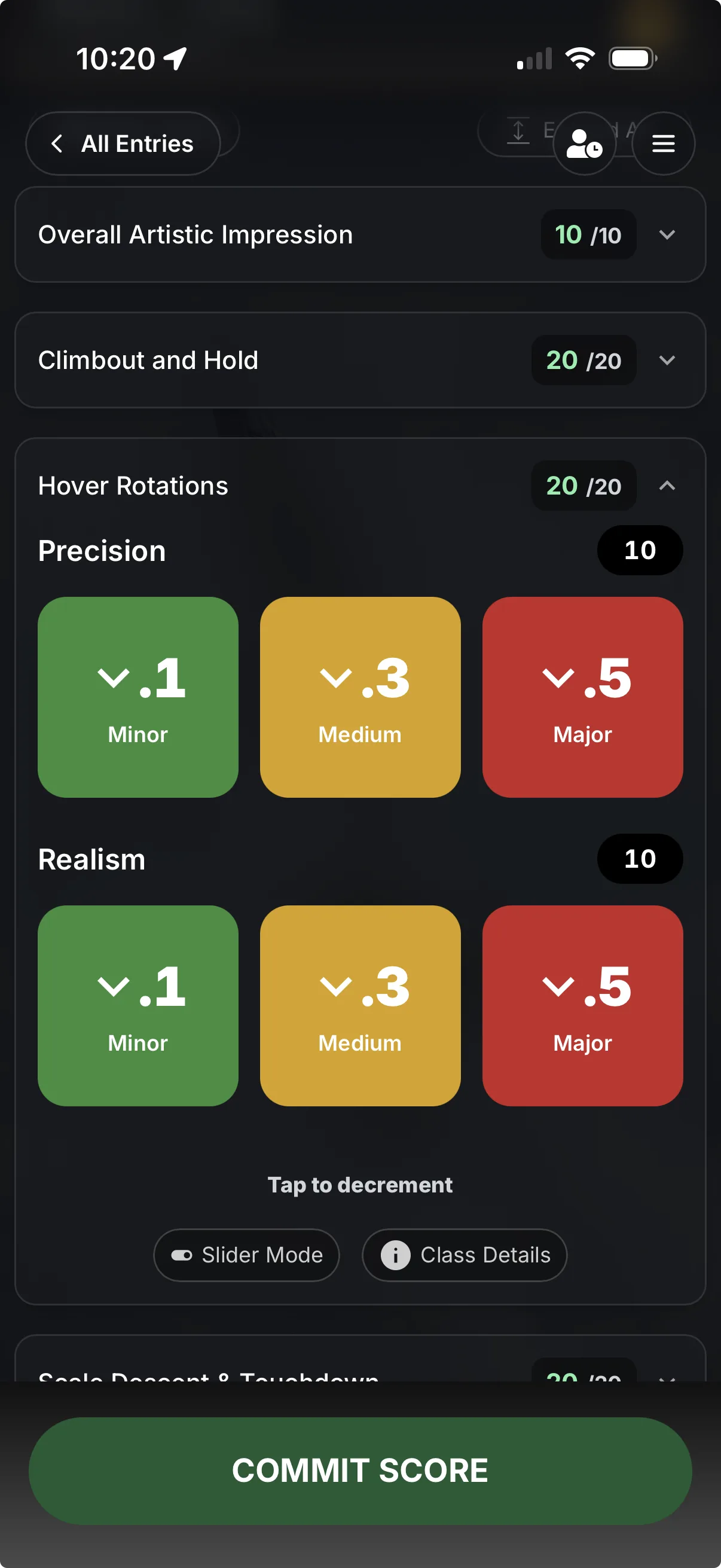 LiveJudge heads-up tap scoring mode: Minor, Medium and Major deduction buttons per criterion