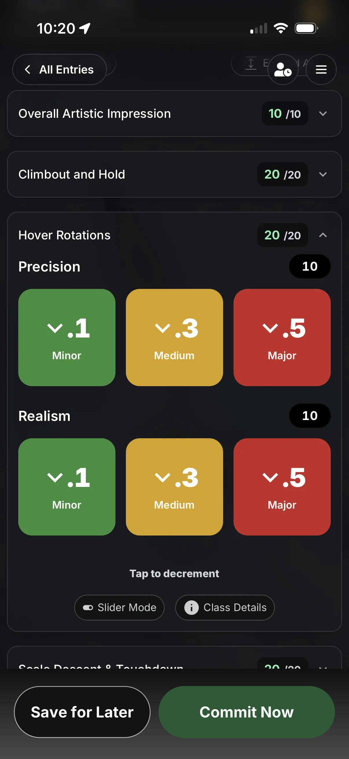 LiveJudge heads-up tap scoring mode: Minor, Medium and Major deduction buttons per criterion