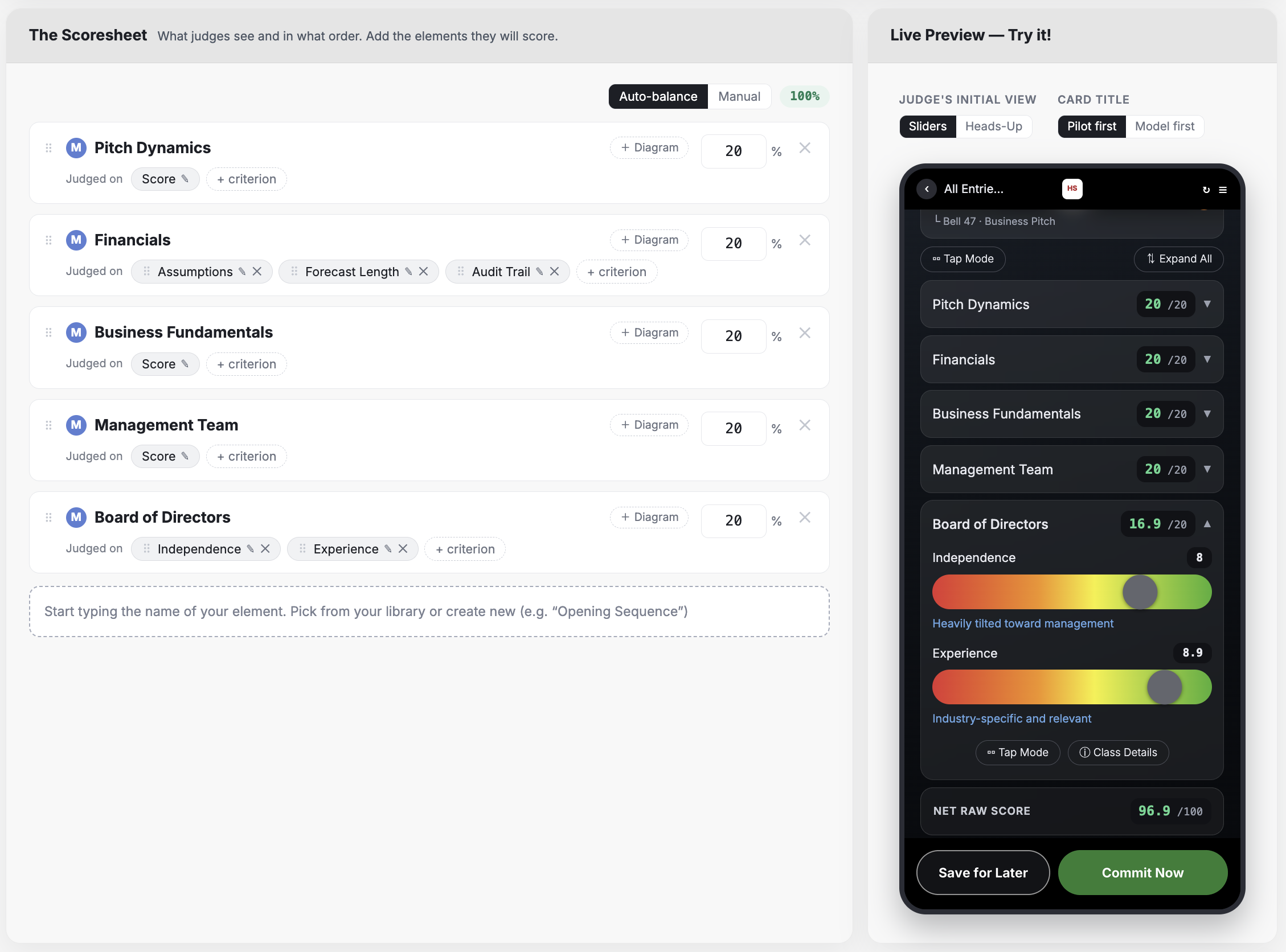 LiveJudge rubric builder: the scoresheet editor with a live judge preview