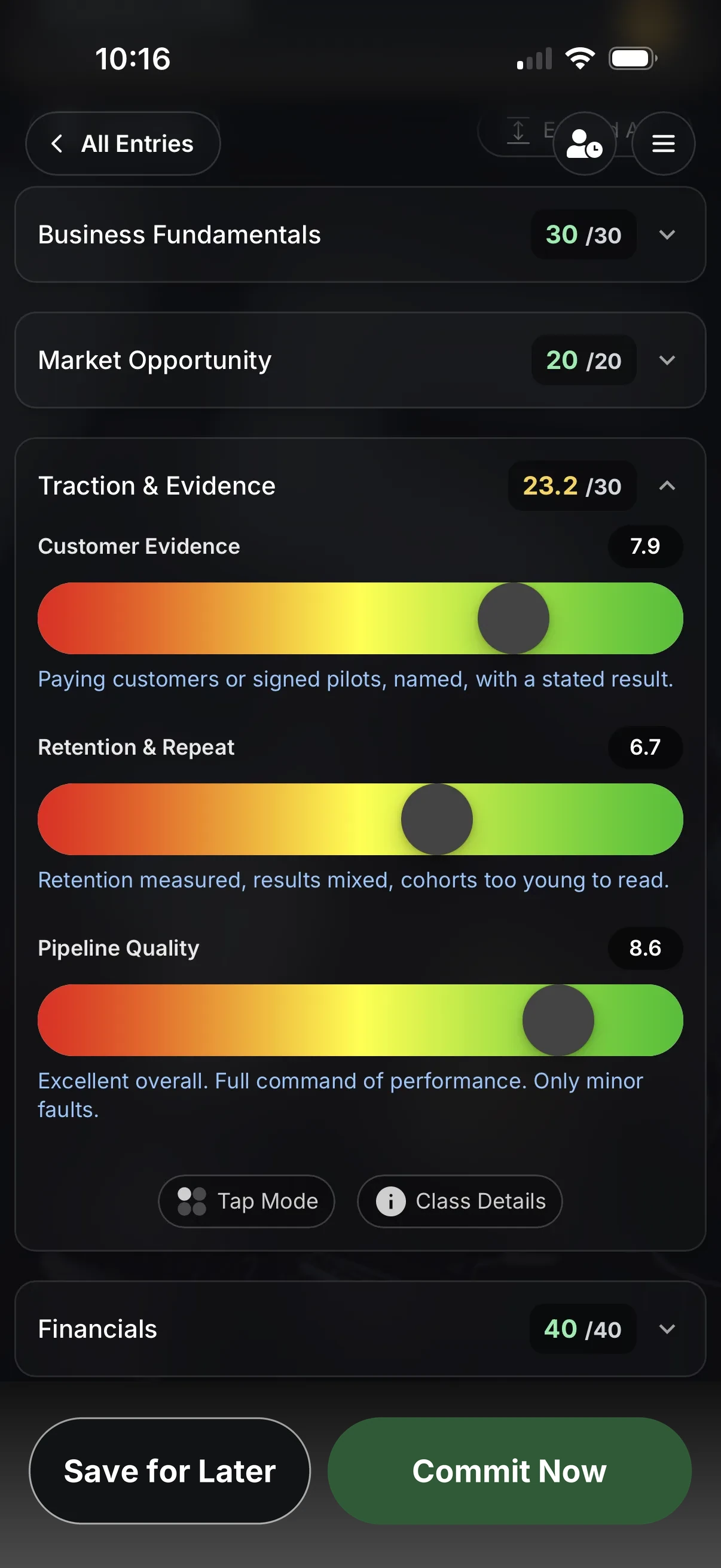 LiveJudge scoring screen: a pitch competition rubric with a color-graded slider for each criterion, on a phone